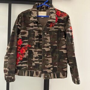 Pilcro and the Letterpress Camouflage Jacket with Red Floral Accents